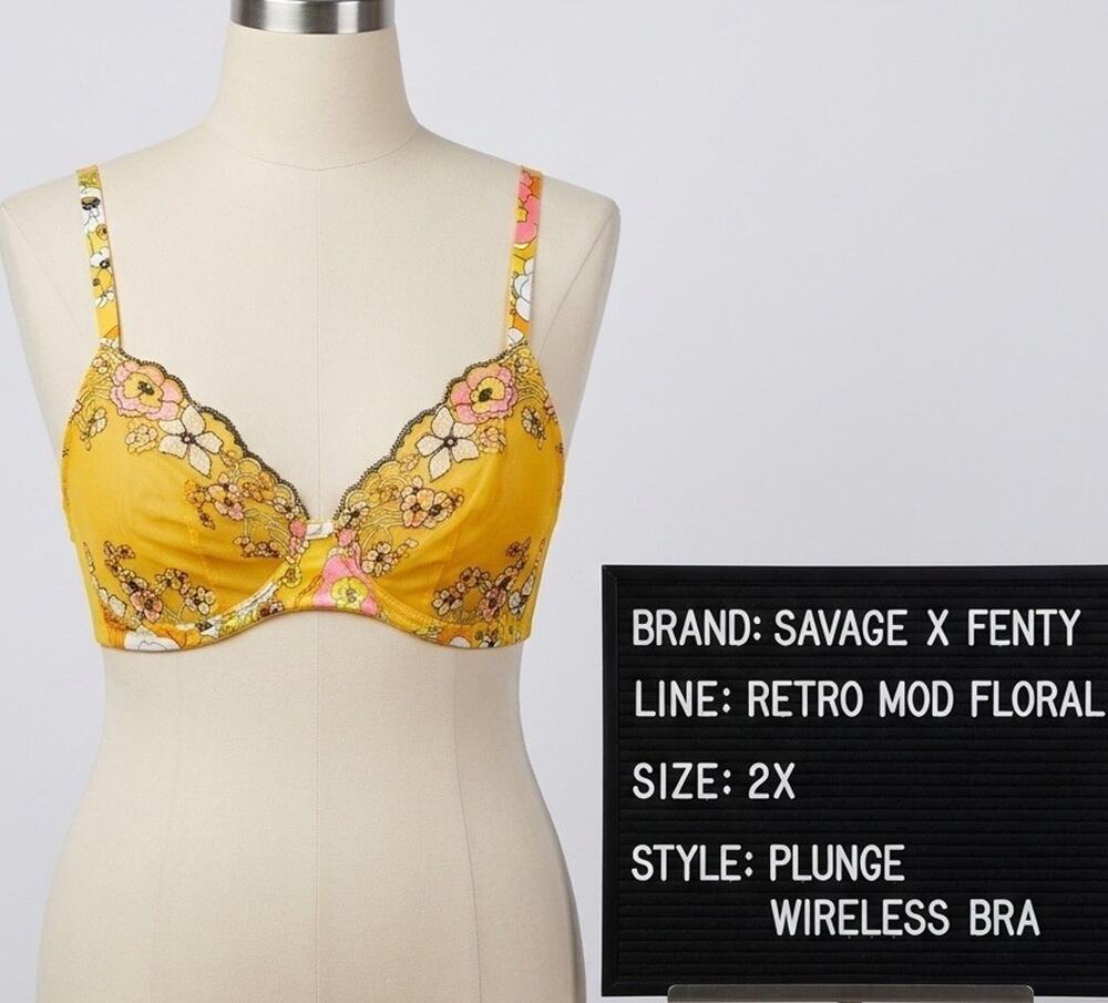 Savage X Fenty 2X Yellow Retro Mod Floral Embroidered Mesh Wireless Bra Plunge
